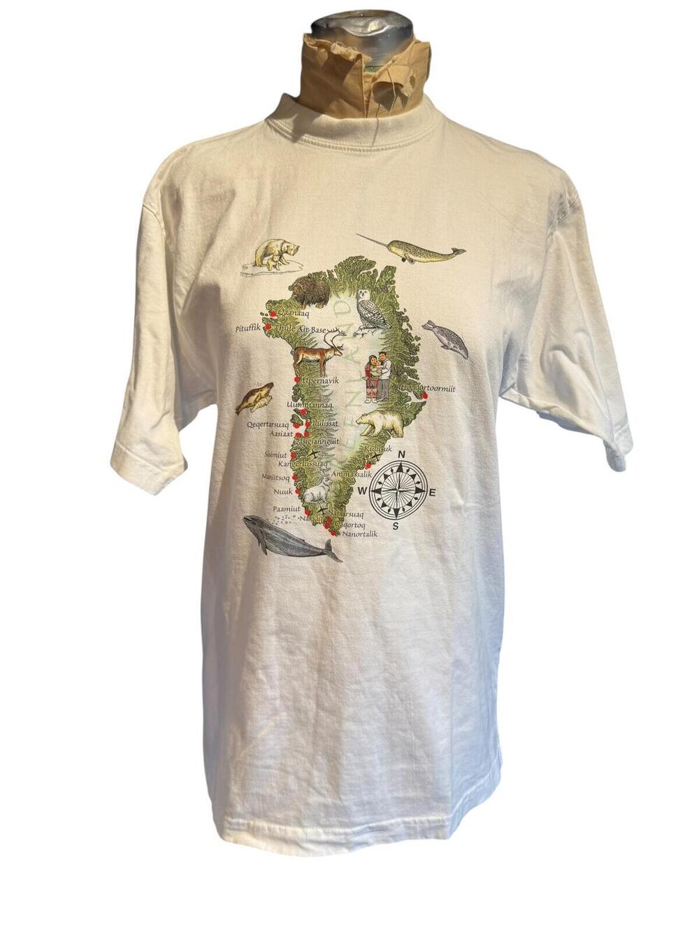 White Graphic T-Shirt with Greenland Map and Marine Life Print